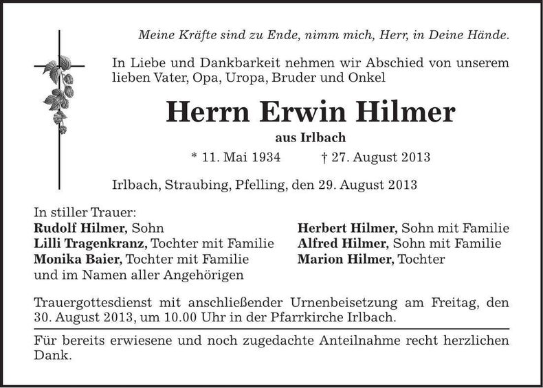 Traueranzeige Erwin Hilmer