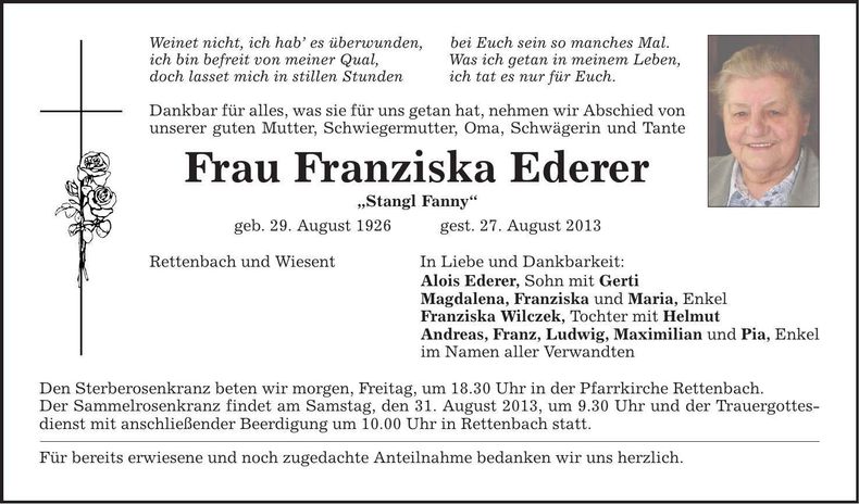 Traueranzeige Franziska Ederer