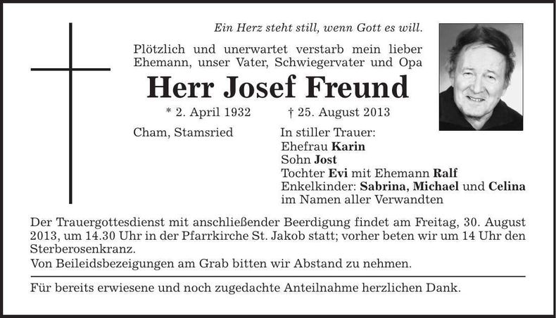 Traueranzeige Josef Freund