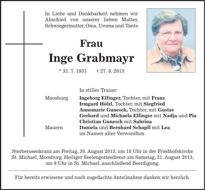 Traueranzeige Inge Grabmayr