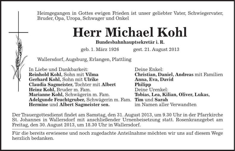 Traueranzeige Michael Kohl
