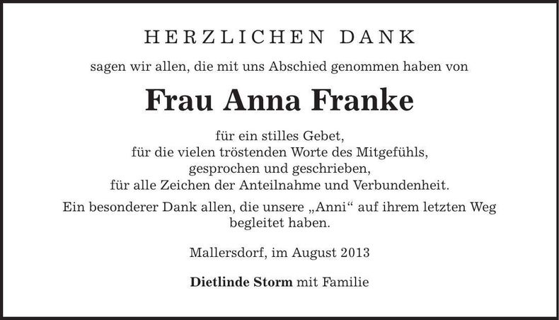 Traueranzeige Anna Franke