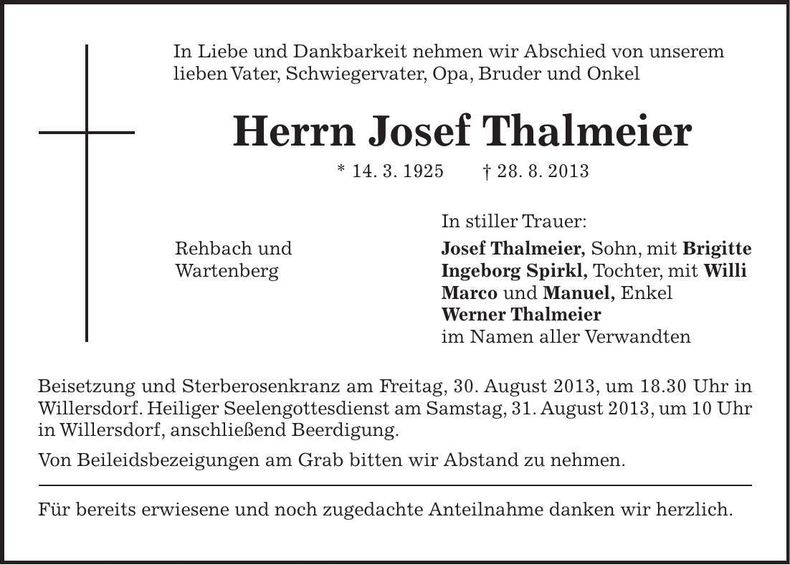 Traueranzeige Josef Thalmeier
