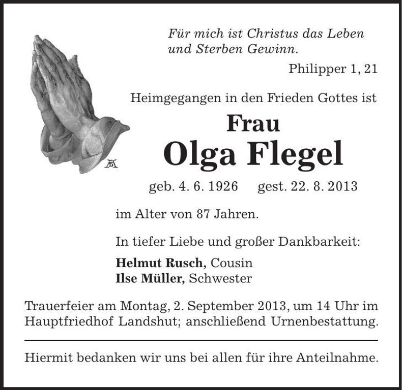Traueranzeige Olga Flegel