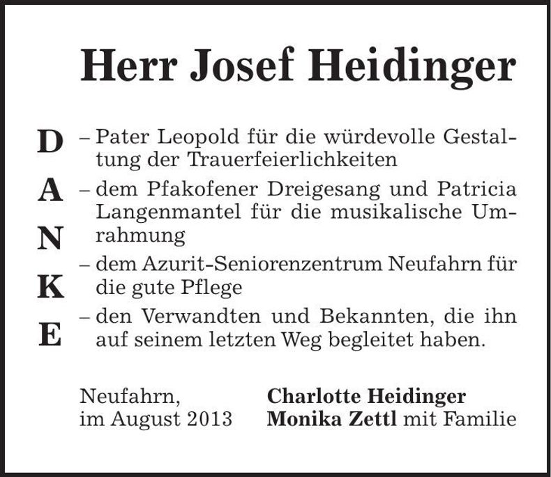 Traueranzeige Josef Heidinger