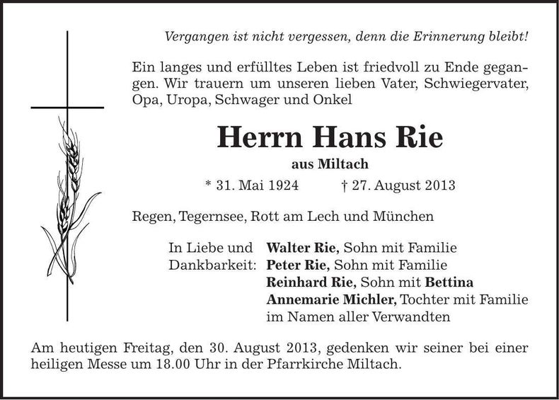 Traueranzeige Hans Rie