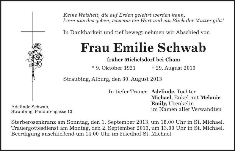 Traueranzeige Emilie Schwab