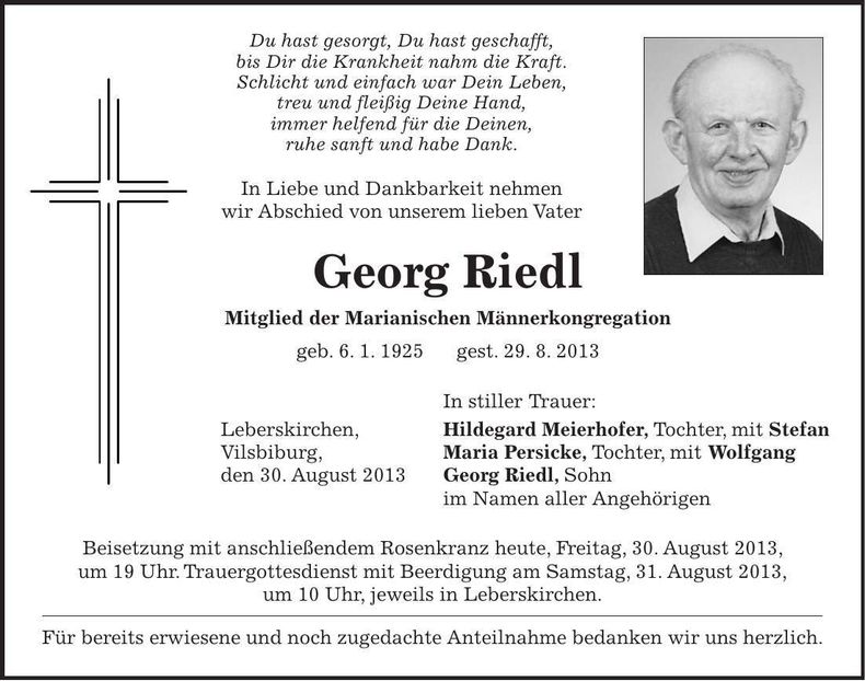 Traueranzeige Georg Riedl