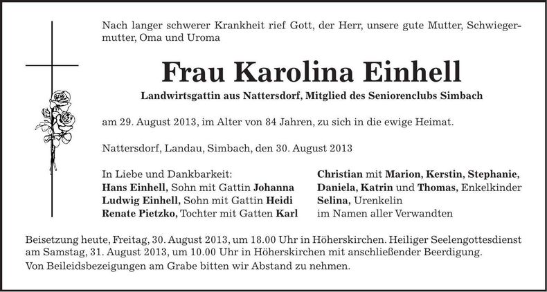 Traueranzeige Karolina Einhell