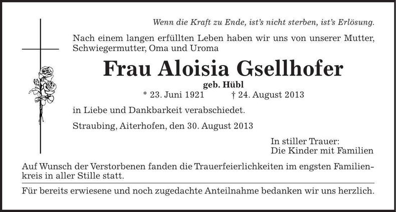 Traueranzeige Aloisia Gsellhofer