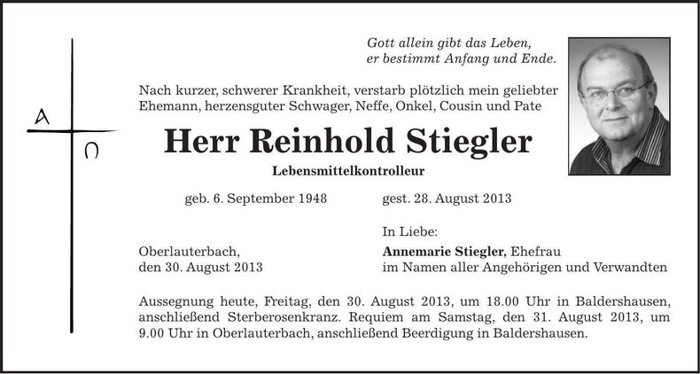 Traueranzeige Reinhold Stiegler
