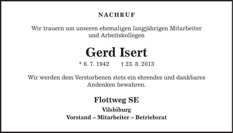 Traueranzeige Gerd Isert