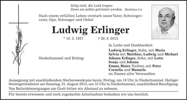 Traueranzeige Ludwig Erlinger