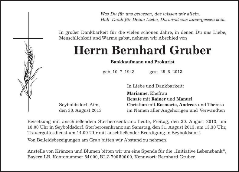 Traueranzeige Bernhard Gruber