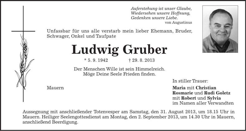 Traueranzeige Ludwig Gruber