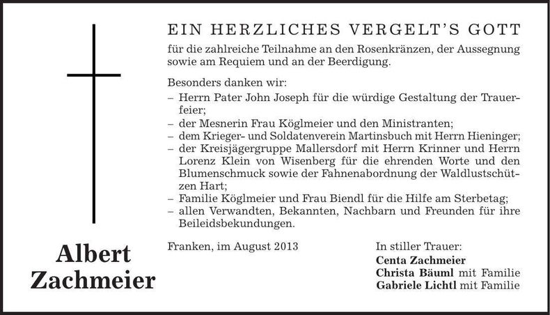 Traueranzeige Albert Zachmeier