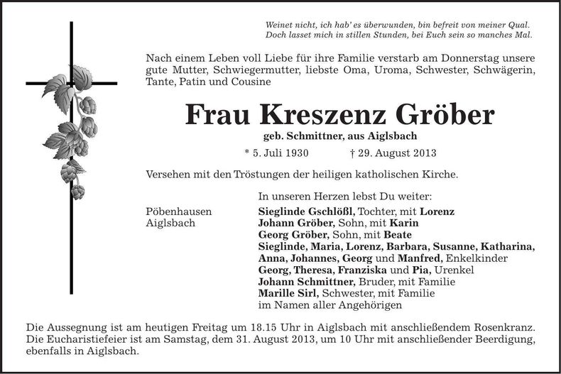Traueranzeige Kreszenz Gröber