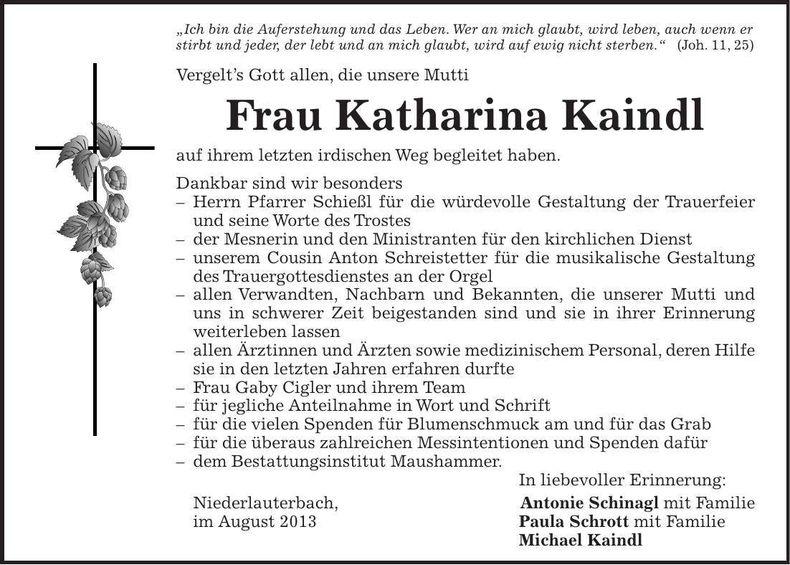 Traueranzeige Katharina Kaindl
