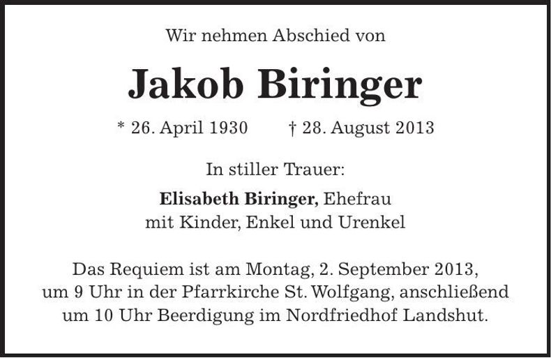 Traueranzeige Jakob Biringer