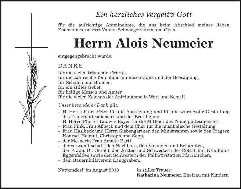 Traueranzeige Alois Neumeier