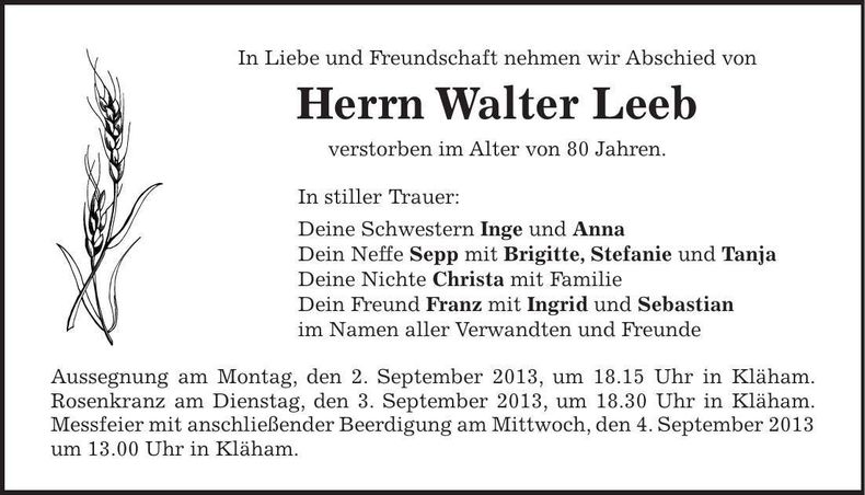 Traueranzeige Walter Leeb