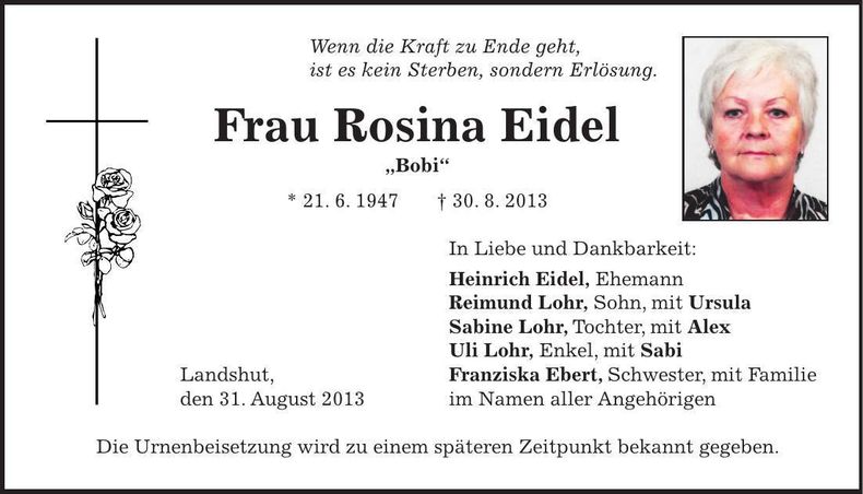Traueranzeige Rosina Eidel