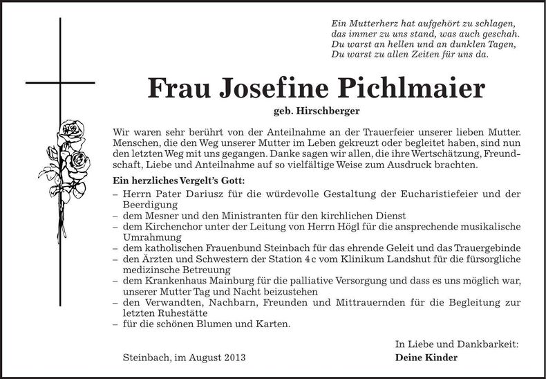 Traueranzeige Josefine Pichlmaier