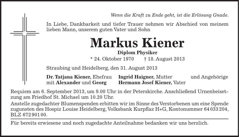Traueranzeige Markus Kiener
