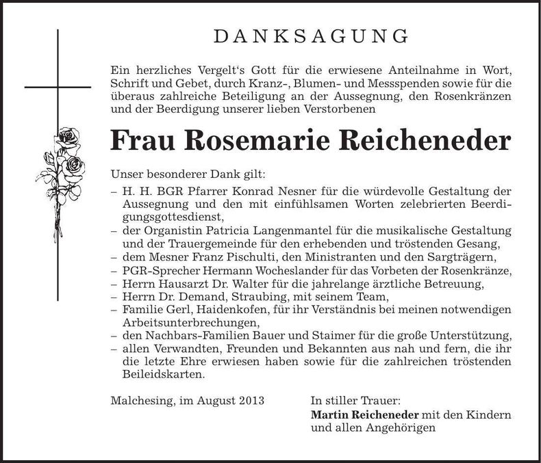 Traueranzeige Rosemarie Reicheneder