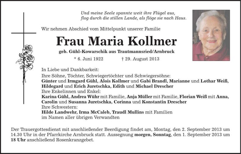 Traueranzeige Maria Kollmer