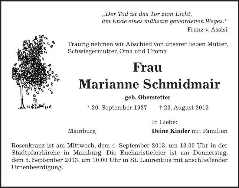 Traueranzeige Marianne Schmidmair