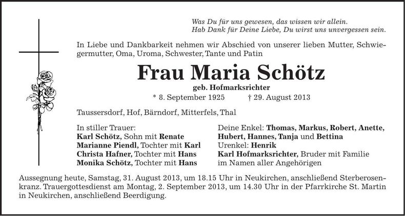Traueranzeige Maria Schötz