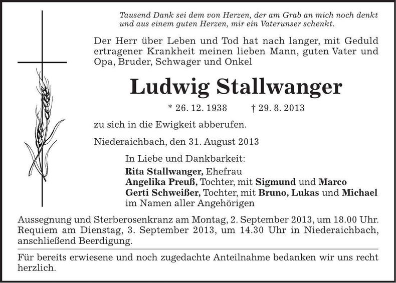 Traueranzeige Ludwig Stallwanger