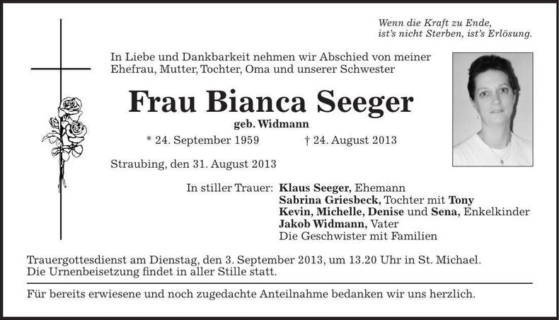Traueranzeige Bianca Seeger