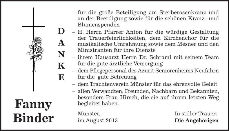 Traueranzeige Fanny Binder