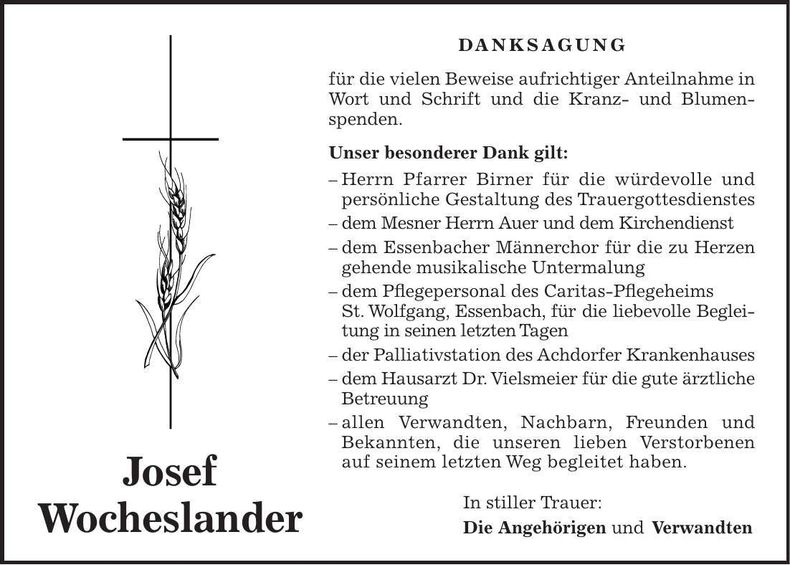 Traueranzeige Josef Wocheslander