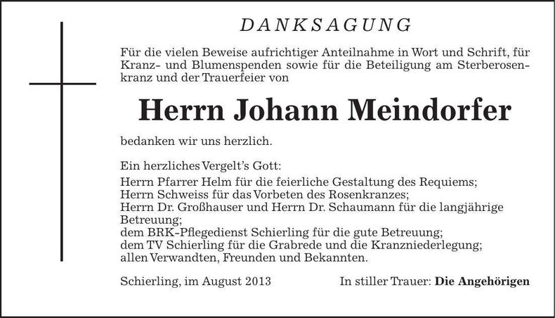 Traueranzeige Johann Meindorfer