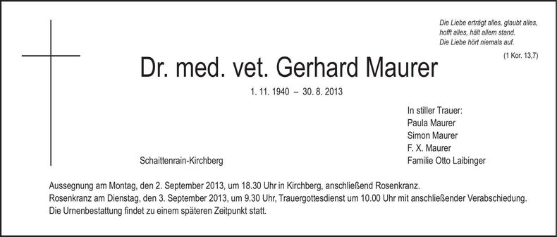 Traueranzeige Gerhard Maurer