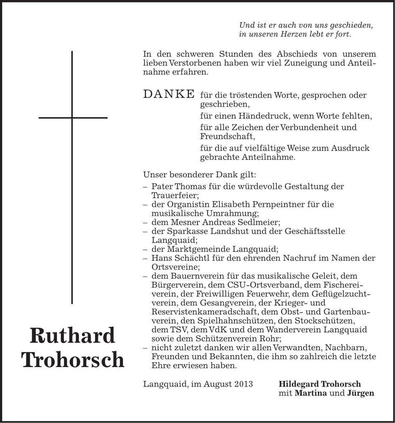 Traueranzeige Ruthard Trohorsch