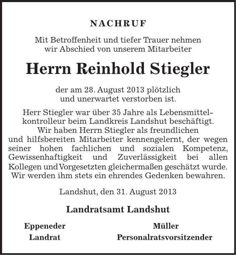 Traueranzeige Reinhold Stiegler