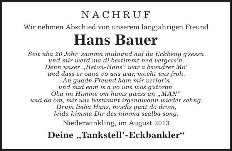 Traueranzeige Hans Bauer