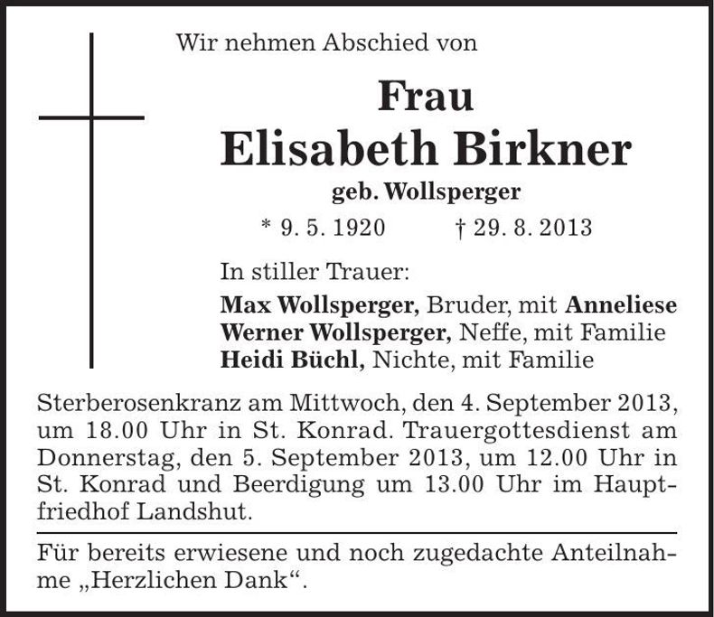 Traueranzeige Elisabeth Birkner