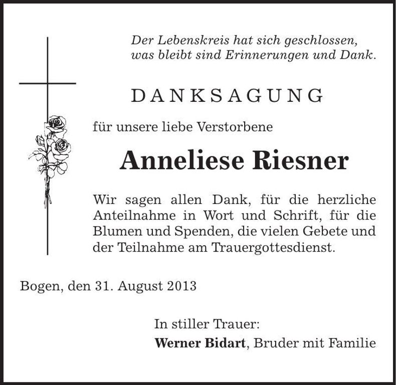 Traueranzeige Anneliese Rieser