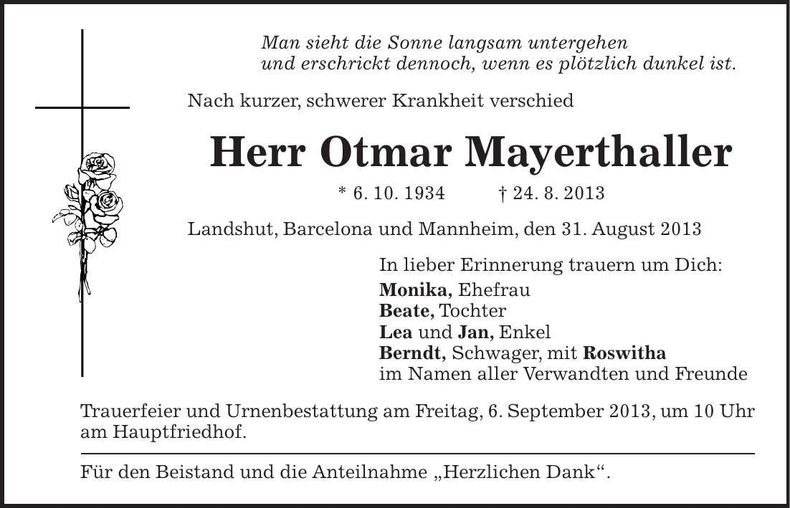 Traueranzeige Otmar Mayerthaller