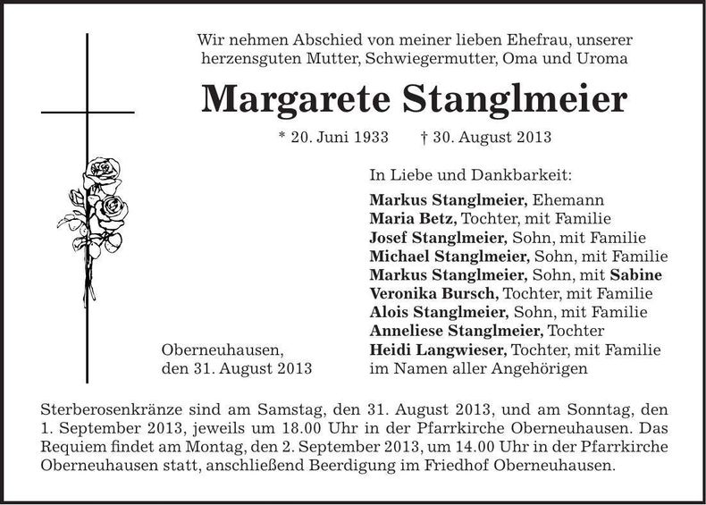 Traueranzeige Margarete Stanglmeier
