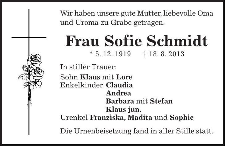 Traueranzeige Sofie Schmidt