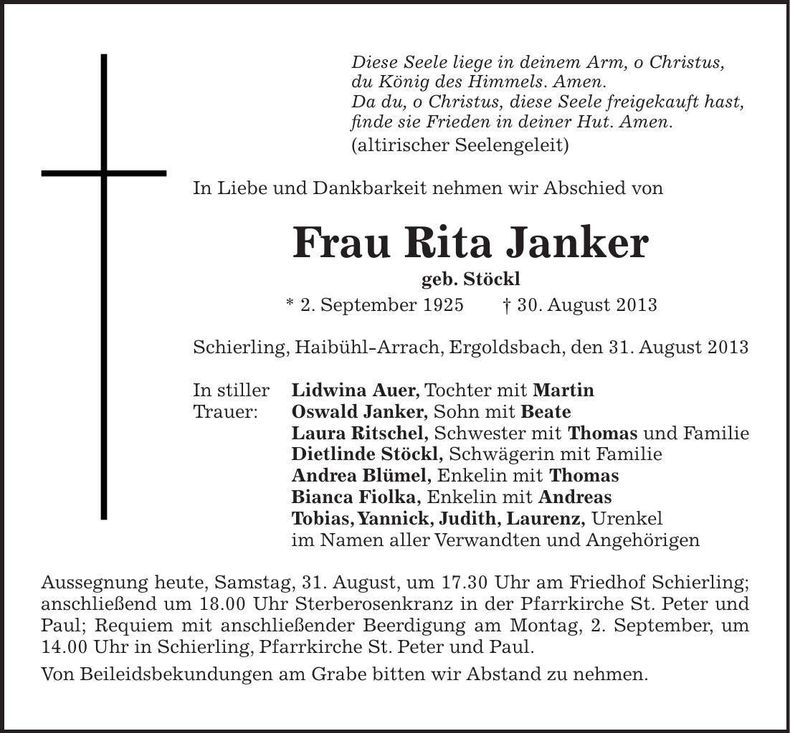 Traueranzeige Rita Janker