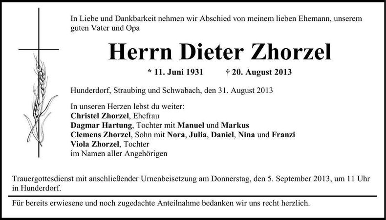 Traueranzeige Dieter Zhorzel