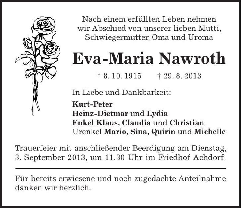 Traueranzeige Eva-Maria Nawroth