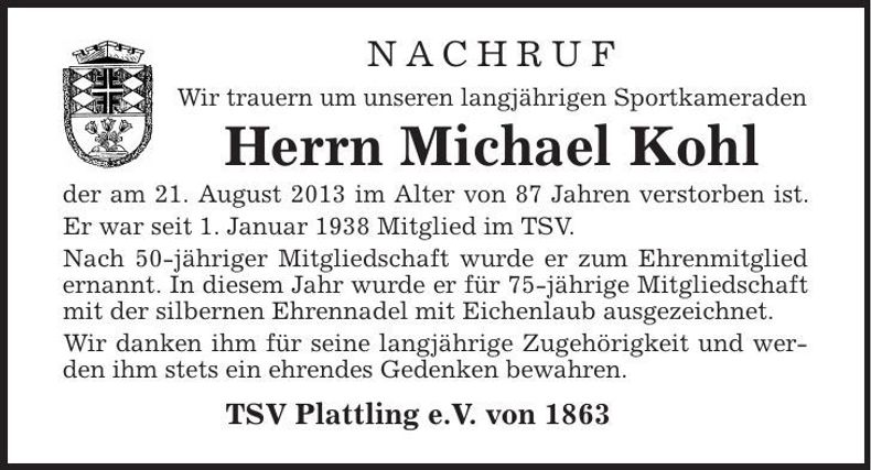 Traueranzeige Michael Kohl